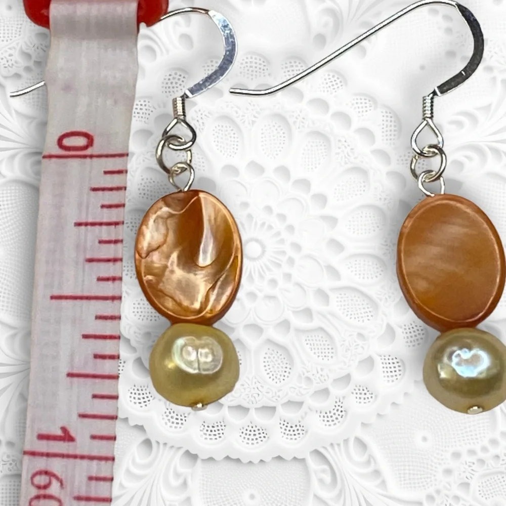 Hand Crafted Pearl Earrings Yellow Orange Freshwater Dangle Authentic Pierced - Picture 3 of 5